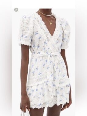 LoveShackFancy White Dress with Blue Floral Lace Trim